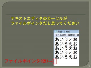 19 
テキストエディタのカーソルが 
ファイルポインタだと思ってください 
ファイルポインタ(仮)→ 
 