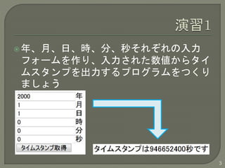 年、月、日、時、分、秒それぞれの入力 
フォームを作り、入力された数値からタイ 
ムスタンプを出力するプログラムをつくり 
ましょう 
3 
 