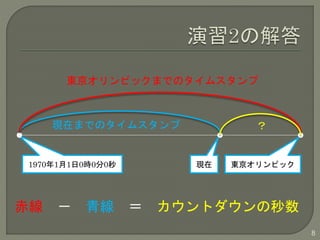 東京オリンピックまでのタイムスタンプ 
現在までのタイムスタンプ？ 
1970年1月1日0時0分0秒現在東京オリンピック 
赤線－ 青線＝ カウントダウンの秒数 
8 
 