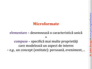 Dr.SabinBuragawww.purl.org/net/busaco
Microformate
elementare – desemnează o caracteristică unică
+
compuse – specifică m...