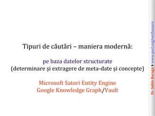 Dr.SabinBuragawww.purl.org/net/busaco
Tipuri de căutări – maniera modernă:
pe baza datelor structurate
(determinare și ex...