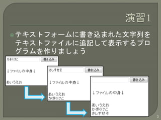 テキストフォームに書き込まれた文字列を 
テキストファイルに追記して表示するプロ 
グラムを作りましょう 
3 
 