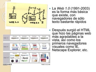  La Web 1.0 (1991-2003)
es la forma más básica
que existe, con
navegadores de sólo
texto bastante rápidos
 Después surgió el HTML
que hizo las páginas web
más agradables a la
vista, así como los
primeros navegadores
visuales como IE,
Netscape Explorer, etc.
 