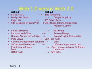 Web 1.0 versus Web 2.0
    Web 1.0         Web 2.0
•    Static HTML               --> Blog Publishing
•    Design Aesthetics              -->     Desgin Simplicity
•    Page Hits             -->     RSS Subscribers
•    Site Designed By Web Prof --> Sites Shaped Democratically by
                                            Multiple Authors
• Email Marketing                  -->    RSS Feeds
• Personal Web Sites          -->         Personal Blogs
• Domain Names to Find Sites -->          Search Engine Optimization
• Page Views               --> Cost- per- Click
• Content Management Solutions -->        Wikis
• Software with releases       -->        Infoware in perpetual beta
• Propietary software               --> Open source software (software
  bajo                                    demanda)
• HTML code                         --> SQL calls




    Página –1–
 