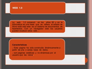 WEB 1.0
La web 1.0 comenzó en los años 60 y en la
informática es una frase que se refiere al estado de
Word wide web este es un sistema de documentos de
hipertextos. Con un navegador web los usuarios
pueden localizar sitios web…
Caracteristicas
.- Esta pagina ha sido construida dinámicamente a
partir de una o varias base de datos.
.- son paginas estáticas y no dinámicas por el
usuario que las visiva..
 