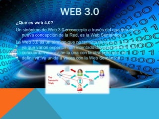 WEB 3.0
¿Qué es web 4.0?
Un sinónimo de Web 3.0 o concepto a través del que gira esta
nueva concepción de la Red, es la Web Semántica.
La Web 3.0 es un término que no termina de tener un significado
ya que varios expertos han intentado dar definiciones que no
concuerdan o encajan la una con la otra pero que, en
definitiva, va unida a veces con la Web Semántica
 