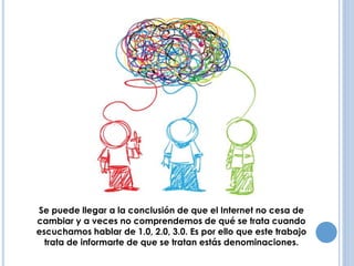 ANTECEDENTES 
Se puede llegar a la conclusión de que el Internet no cesa de 
cambiar y a veces no comprendemos de qué se trata cuando 
escuchamos hablar de 1.0, 2.0, 3.0. Es por ello que este trabajo 
trata de informarte de que se tratan estás denominaciones. 
