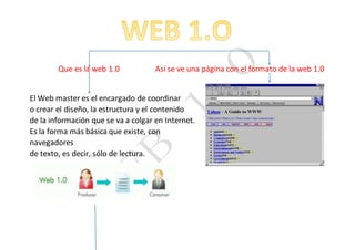Que es la web 1.0 Así se ve una página con el formato de la web 1.0
El Web master es el encargado de coordinar
o crear el diseño, la estructura y el contenido
de la información que se va a colgar en Internet.
Es la forma más básica que existe, con
navegadores
de texto, es decir, sólo de lectura.
 