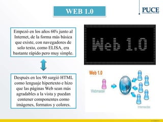 WEB 1.0
Empezó en los años 60's junto al
Internet, de la forma más básica
que existe, con navegadores de
solo texto, como ELISA, era
bastante rápido pero muy simple.
Después en los 90 surgió HTML
como lenguaje hipertexto e hizo
que las páginas Web sean más
agradables a la vista y puedan
contener componentes como
imágenes, formatos y colores.
 