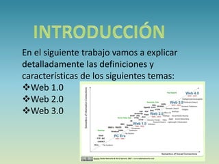 En el siguiente trabajo vamos a explicar
detalladamente las definiciones y
características de los siguientes temas:
Web 1.0
Web 2.0
Web 3.0
 