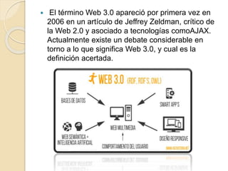  El término Web 3.0 apareció por primera vez en
2006 en un artículo de Jeffrey Zeldman, crítico de
la Web 2.0 y asociado a tecnologías comoAJAX.
Actualmente existe un debate considerable en
torno a lo que significa Web 3.0, y cual es la
definición acertada.
 