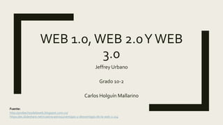 WEB 1.0,WEB 2.0YWEB
3.0
Jeffrey Urbano
Grado 10-2
Carlos Holguín Mallarino
Fuente:
http://probechosdelaweb.blogspot.com.co/
https://es.slideshare.net/rcastrocastro11/ventajas-y-desventajas-de-la-web-1-234
 