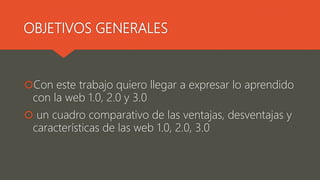 OBJETIVOS GENERALES
Con este trabajo quiero llegar a expresar lo aprendido
con la web 1.0, 2.0 y 3.0
 un cuadro comparativo de las ventajas, desventajas y
características de las web 1.0, 2.0, 3.0
 