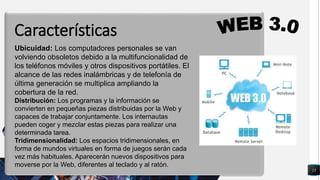 13
q
Ubicuidad: Los computadores personales se van
volviendo obsoletos debido a la multifuncionalidad de
los teléfonos móviles y otros dispositivos portátiles. El
alcance de las redes inalámbricas y de telefonía de
última generación se multiplica ampliando la
cobertura de la red.
Distribución: Los programas y la información se
convierten en pequeñas piezas distribuidas por la Web y
capaces de trabajar conjuntamente. Los internautas
pueden coger y mezclar estas piezas para realizar una
determinada tarea.
Tridimensionalidad: Los espacios tridimensionales, en
forma de mundos virtuales en forma de juegos serán cada
vez más habituales. Aparecerán nuevos dispositivos para
moverse por la Web, diferentes al teclado y al ratón.
Características
 