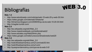17
q
Web 1.0
• http://www.estudioseijo.com/noticias/web-10-web-20-y-web-30.htm
• https://sites.google.com/site/web10historia/
• http://dimamoa.blogspot.com/2008/05/qu-es-la-web-10-20-30.html
• http://chagitei.tumblr.com/
Web 2.0
• http://es.wikipedia.org/wiki/Web_2.0
• http://www.maestrosdelweb.com/editorial/web2/
• http://www.eduteka.org/Web20Intro.php
• https://sites.google.com/site/cursocoordinadorestic/web20
Web 3.0
• http://es.wikipedia.org/wiki/Web_3.0
• http://web30websemantica.comuf.com/web30.htm
• http://web30websemantica.comuf.com/
• http://queaprendemoshoy.com/que-es-la-web-3-0/
Bibliografías
 