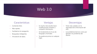Web 3.0
Características
• Contenido libre.
• Más rapidez.
• Facilidad en la navegación.
• Búsquedas inteligentes.
• Vinculación de datos.
Ventajas
• Es mucho más sencillo hacer
modificaciones al diseño o
compartir información.
• Se fundamenta en el uso de
lenguajes universales.
• Se puede encontrar en cualquier
lugar.
Desventajas
• Tener más cuidado con la
seguridad de la información del
sitio.
• Los problemas técnicos como por
ejemplo: los problemas del
idioma.
 