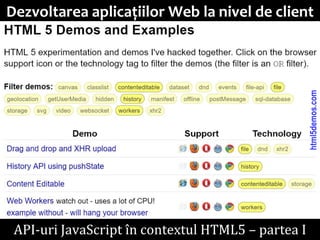 Dr.SabinBuragawww.purl.org/net/busaco
Dezvoltarea aplicațiilor Web la nivel de client
API-uri JavaScript în contextul HTML5 – partea I
html5demos.com
 