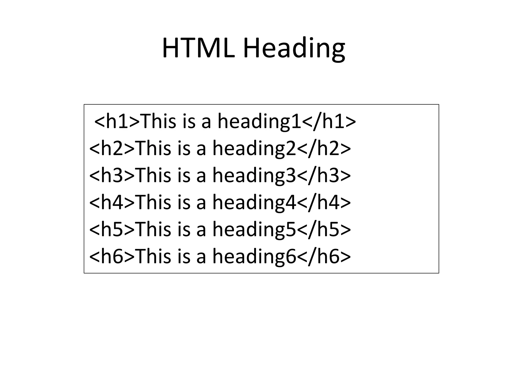 HTML Heading
<h1>This is a heading1</h1>
<h2>This is a heading2</h2>
<h3>This is a heading3</h3>
<h4>This is a heading4</h4>
<h5>This is a heading5</h5>
<h6>This is a heading6</h6>
 