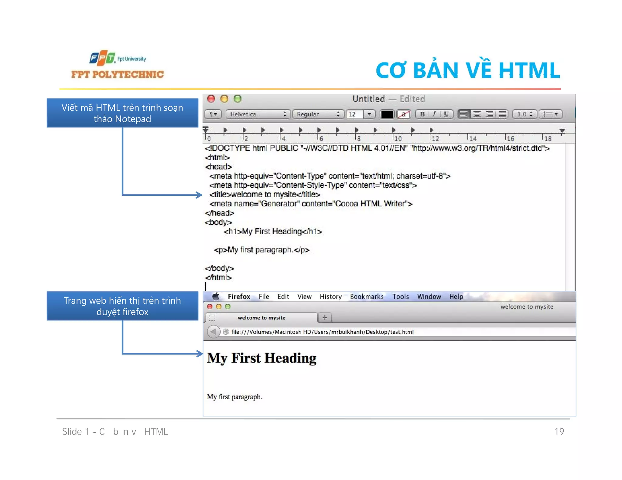 CƠ BẢN VỀ HTML
Viết mã HTML trên trình soạn
thảo Notepad
Viết mã HTML trên trình soạn
thảo Notepad
Slide 1 - Cơ bản về HTML 19
Trang web hiển thị trên trình
duyệt firefox
Trang web hiển thị trên trình
duyệt firefox
 