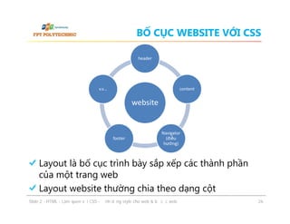 BỐ CỤC WEBSITE VỚI CSS
header

v.v…

content

website

footer

Navigator
(điều
hướng)

Layout là bố cục trình bày sắp xếp các thành phần
của một trang web
Layout website thường chia theo dạng cột
ݺߣ 2 - HTML - Làm quen với CSS - Định dạng style cho web & bố cục web

26

 