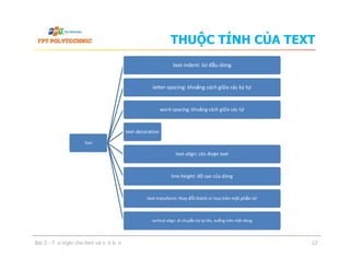 THUỘC TÍNH CỦA TEXT
text-indent: lùi đầu dòng
letter-spacing: khoảng cách giữa các ký tự
word-spacing: khoảng cách giữa các từ
text-decoration
Text
text-align: căn đoạn text
line-height: độ cao của dòng
text-transform: thay đổi thành in hoa trên một phần từ
vertical-align: di chuyển ký tự lên, xuống trên một dòng
Bài 3 - Tạo style cho font và văn bản 22
 