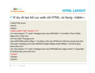 HTML LAYOUT
Ví dụ về tạo bố cục web với HTML, sử dụng <table>:
<!DOCTYPE html>
<html>
<body>
<table width="500" border="0">
<tr><td colspan="2" style="background-color:#FFA500;”><h1>Main Title of Web
Page</h1></td></tr>
<tr><td style="background-
color:#FFD700;width:100px;”><b>Menu</b><br>HTML<br>CSS<br>JavaScript</td>
<td style="background-color:#EEEEEE;height:200px;width:400px;”>Content goes
here</td></tr>
<tr><td colspan="2" style="background-color:#FFA500;text-align:center;”>Copyright
© W3Schools.com</td></tr>
</table>
</body>
</html>
Bài 7 - Bố cục trang web
<!DOCTYPE html>
<html>
<body>
<table width="500" border="0">
<tr><td colspan="2" style="background-color:#FFA500;”><h1>Main Title of Web
Page</h1></td></tr>
<tr><td style="background-
color:#FFD700;width:100px;”><b>Menu</b><br>HTML<br>CSS<br>JavaScript</td>
<td style="background-color:#EEEEEE;height:200px;width:400px;”>Content goes
here</td></tr>
<tr><td colspan="2" style="background-color:#FFA500;text-align:center;”>Copyright
© W3Schools.com</td></tr>
</table>
</body>
</html>
 
