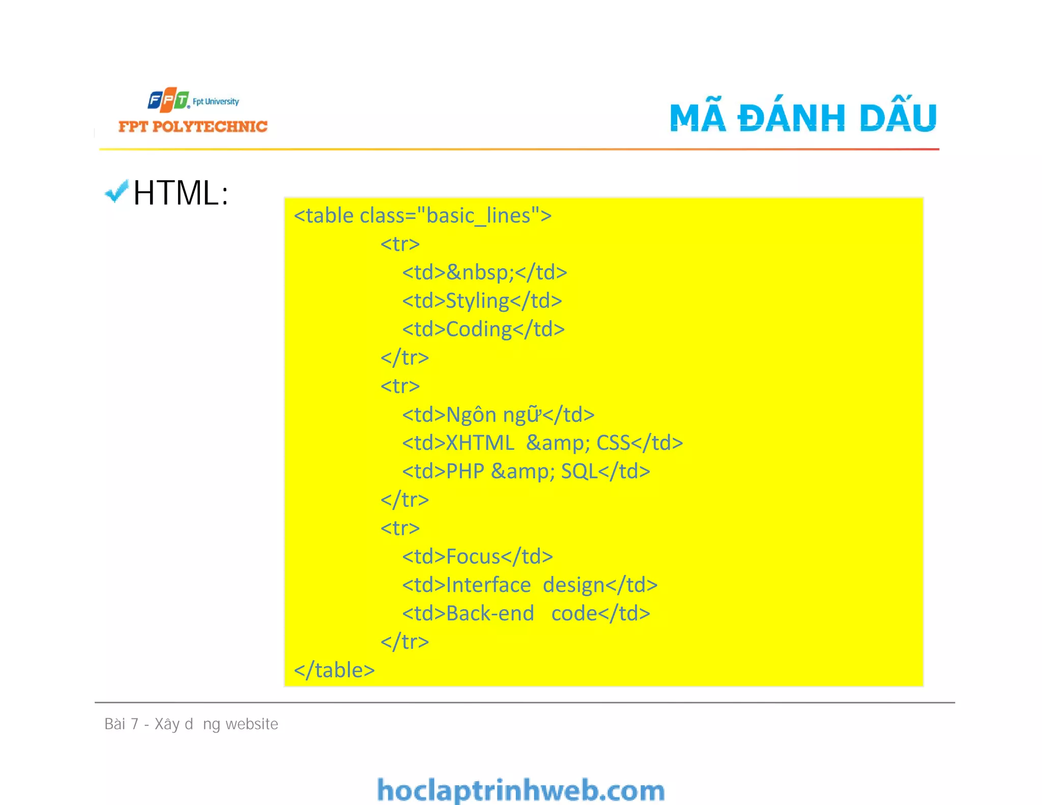 MÃ ĐÁNH DẤU
HTML:
<table class="basic_lines">
<tr>
<td>&nbsp;</td>
<td>Styling</td>
<td>Coding</td>
</tr>
<tr>
<td>Ngôn ngữ</td>
<td>XHTML &amp; CSS</td>
<td>PHP &amp; SQL</td>
</tr>
<tr>
<td>Focus</td>
<td>Interface design</td>
<td>Back-end code</td>
</tr>
</table>
HTML:
Bài 7 - Xây dựng website
<table class="basic_lines">
<tr>
<td>&nbsp;</td>
<td>Styling</td>
<td>Coding</td>
</tr>
<tr>
<td>Ngôn ngữ</td>
<td>XHTML &amp; CSS</td>
<td>PHP &amp; SQL</td>
</tr>
<tr>
<td>Focus</td>
<td>Interface design</td>
<td>Back-end code</td>
</tr>
</table>
 