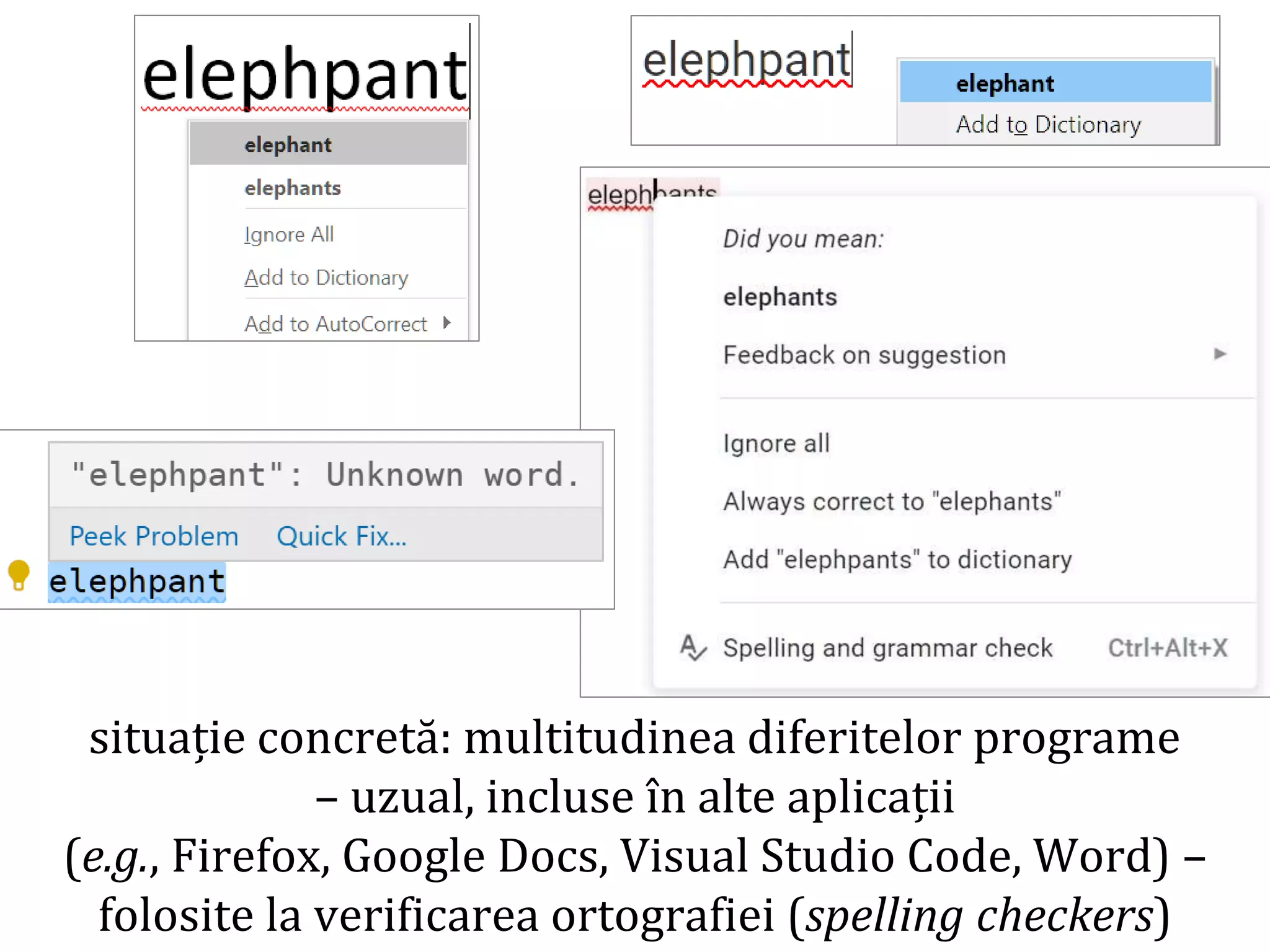 Dr.SabinBuragaprofs.info.uaic.ro/~busaco/
situație concretă: multitudinea diferitelor programe
– uzual, incluse în alte aplicații
(e.g., Firefox, Google Docs, Visual Studio Code, Word) –
folosite la verificarea ortografiei (spelling checkers)
 