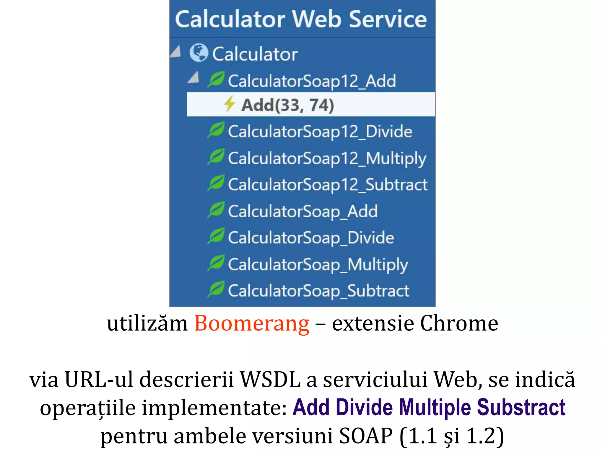 Dr.SabinBuragaprofs.info.uaic.ro/~busaco/
utilizăm Boomerang – extensie Chrome
via URL-ul descrierii WSDL a serviciului Web, se indică
operațiile implementate: Add Divide Multiple Substract
pentru ambele versiuni SOAP (1.1 și 1.2)
 