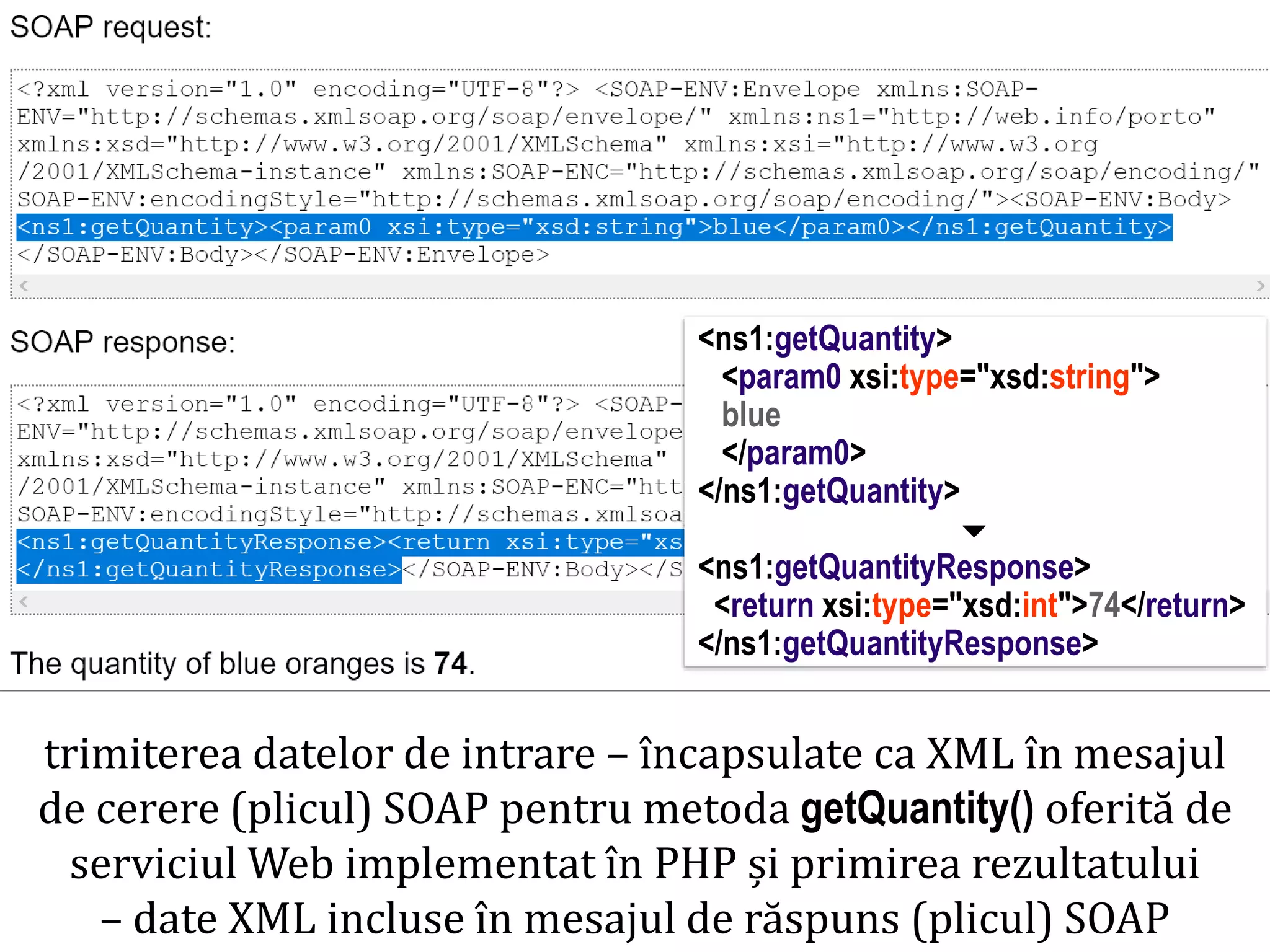 Dr.SabinBuragaprofs.info.uaic.ro/~busaco/
dezvoltare: php
trimiterea datelor de intrare – încapsulate ca XML în mesajul
de cerere (plicul) SOAP pentru metoda getQuantity() oferită de
serviciul Web implementat în PHP și primirea rezultatului
– date XML incluse în mesajul de răspuns (plicul) SOAP
<ns1:getQuantity>
<param0 xsi:type="xsd:string">
blue
</param0>
</ns1:getQuantity>

<ns1:getQuantityResponse>
<return xsi:type="xsd:int">74</return>
</ns1:getQuantityResponse>
 