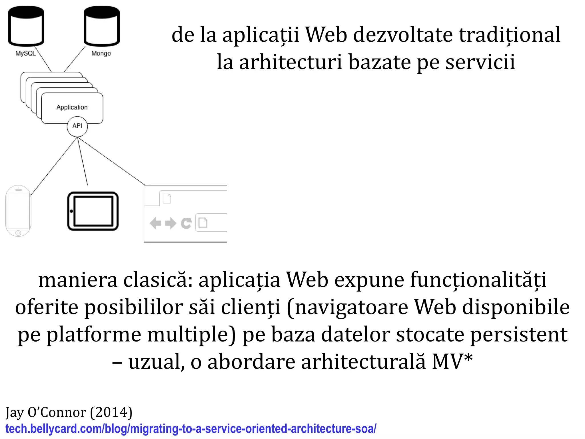 Dr.SabinBuragaprofs.info.uaic.ro/~busaco/
soa
de la aplicații Web dezvoltate tradițional
la arhitecturi bazate pe servicii
Jay O’Connor (2014)
tech.bellycard.com/blog/migrating-to-a-service-oriented-architecture-soa/
maniera clasică: aplicația Web expune funcționalități
oferite posibililor săi clienți (navigatoare Web disponibile
pe platforme multiple) pe baza datelor stocate persistent
– uzual, o abordare arhitecturală MV*
 