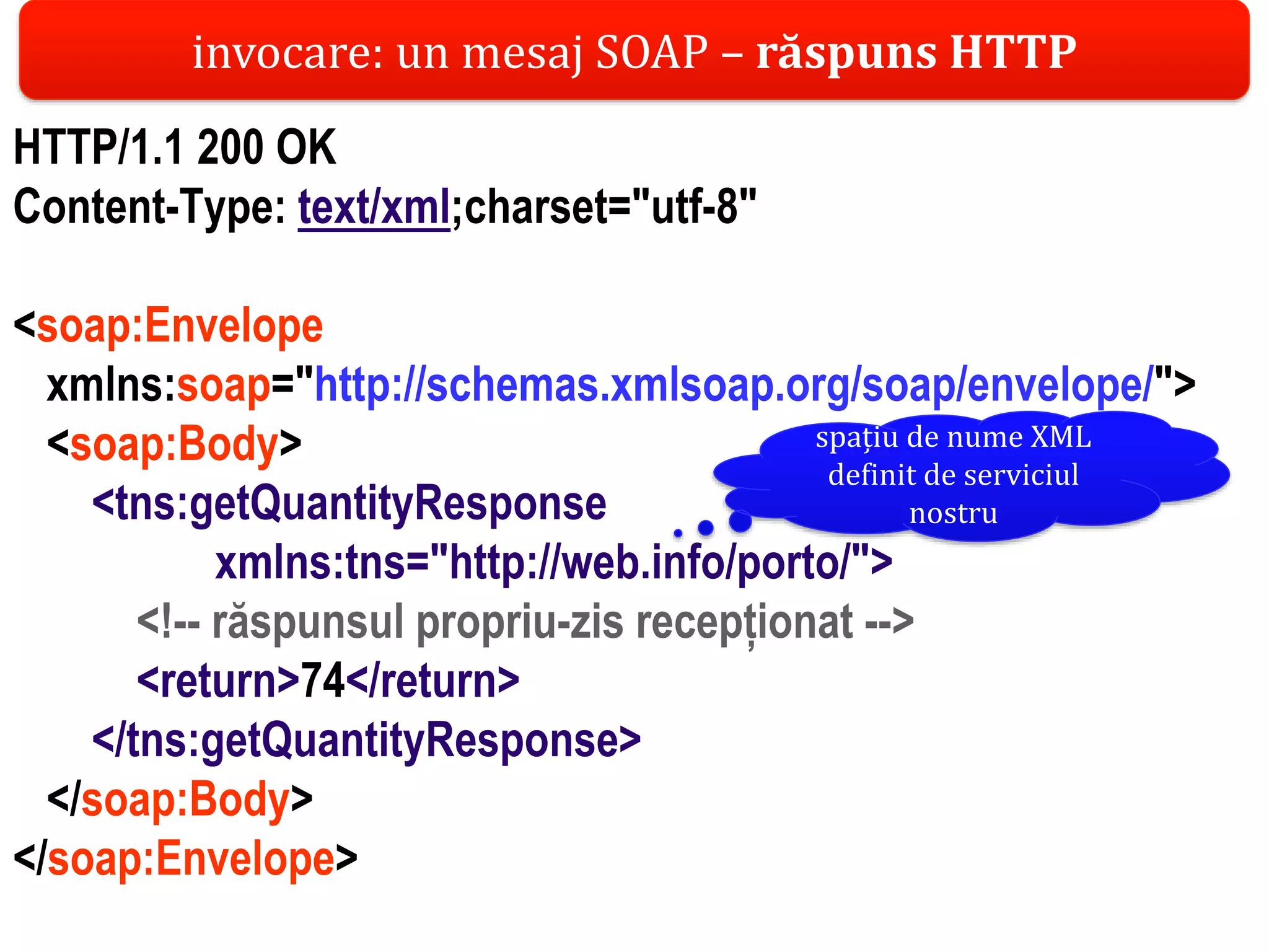 Dr.SabinBuragaprofs.info.uaic.ro/~busaco/
HTTP/1.1 200 OK
Content-Type: text/xml;charset="utf-8"
<soap:Envelope
xmlns:soap="http://schemas.xmlsoap.org/soap/envelope/">
<soap:Body>
<tns:getQuantityResponse
xmlns:tns="http://web.info/porto/">
<!-- răspunsul propriu-zis recepționat -->
<return>74</return>
</tns:getQuantityResponse>
</soap:Body>
</soap:Envelope>
invocare: un mesaj SOAP – răspuns HTTP
spațiu de nume XML
definit de serviciul
nostru
 