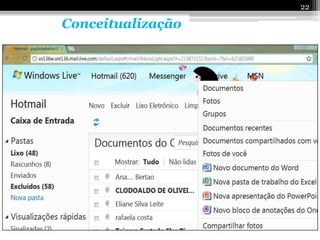 22

   Conceitualização


    Web 2.0 é a mudança para uma internet como
plataforma, e um entendimento das regras para obter
 sucesso nesta nova plataforma. Entre outras, a regra
    mais importante é desenvolver aplicativos que
   aproveitem os efeitos de rede para se tornarem
   melhores quanto mais são usados pelas pessoas,
         aproveitando a inteligência coletiva.

                                      Tim O'Reilly
 