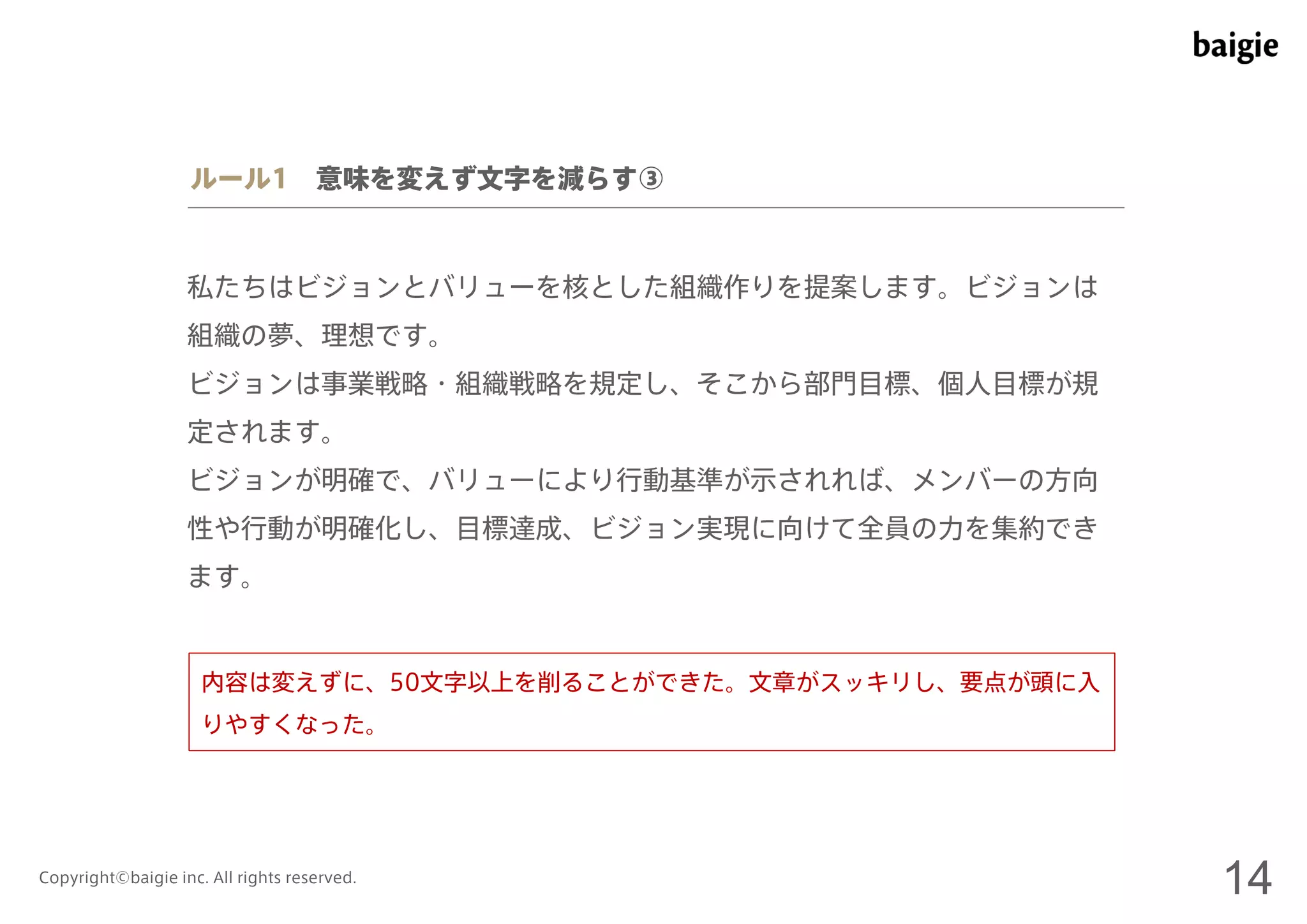 ルール1 意味を変えず文字を減らす③ 
私たちはビジョンとバリューを核とした組織作りを提案します。ビジョンは 
組織の夢、理想です。 
ビジョンは事業戦略・組織戦略を規定し、そこから部門目標、個人目標が規 
定されます。 
ビジョンが明確で、バリューにより行動基準が示されれば、メンバーの方向 
性や行動が明確化し、目標達成、ビジョン実現に向けて全員の力を集約でき 
ます。 
内容は変えずに、50文字以上を削ることができた。文章がスッキリし、要点が頭に入 
りやすくなった。 
Copyright©baigie inc. All rights reserved. 14 
 