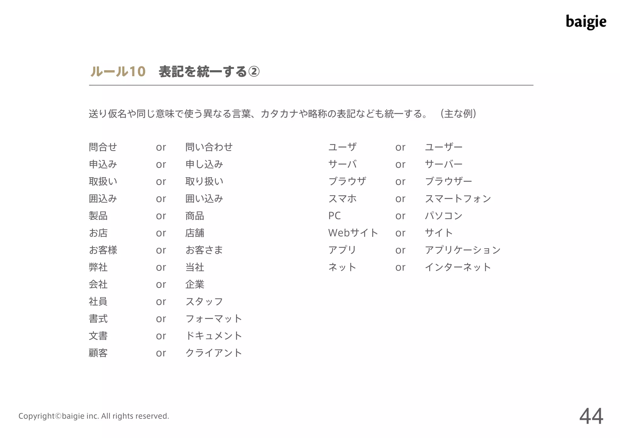 ルール10 表記を統一する② 
送り仮名や同じ意味で使う異なる言葉、カタカナや略称の表記なども統一する。（主な例） 
問合せor 問い合わせ 
申込みor 申し込み 
取扱いor 取り扱い 
囲込みor 囲い込み 
製品or 商品 
お店or 店舗 
お客様or お客さま 
弊社or 当社 
会社or 企業 
社員or スタッフ 
書式or フォーマット 
文書or ドキュメント 
顧客or クライアント 
ユーザor ユーザー 
サーバor サーバー 
ブラウザor ブラウザー 
スマホor スマートフォン 
PC or パソコン 
Webサイトor サイト 
アプリor アプリケーション 
ネットor インターネット 
Copyright©baigie inc. All rights reserved. 44 
 