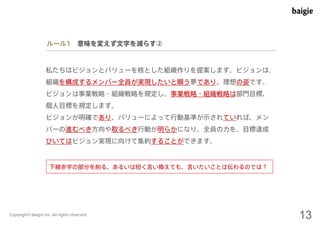 ルール1 意味を変えず文字を減らす② 
私たちはビジョンとバリューを核とした組織作りを提案します。ビジョンは、 
組織を構成するメンバー全員が実現したいと願う夢であり、理想の姿です。 
ビジョンは事業戦略・組織戦略を規定し、事業戦略・組織戦略は部門目標、 
個人目標を規定します。 
ビジョンが明確であり、バリューによって行動基準が示されていれば、メン 
バーの進むべき方向や取るべき行動が明らかになり、全員の力を、目標達成 
ひいてはビジョン実現に向けて集約することができます。 
下線赤字の部分を削る、あるいは短く言い換えても、言いたいことは伝わるのでは？ 
Copyright©baigie inc. All rights reserved. 13 
 