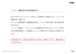 ルール1 意味を変えず文字を減らす③ 
私たちはビジョンとバリューを核とした組織作りを提案します。ビジョンは 
組織の夢、理想です。 
ビジョンは事業戦略・組織戦略を規定し、そこから部門目標、個人目標が規 
定されます。 
ビジョンが明確で、バリューにより行動基準が示されれば、メンバーの方向 
性や行動が明確化し、目標達成、ビジョン実現に向けて全員の力を集約でき 
ます。 
内容は変えずに、50文字以上を削ることができた。文章がスッキリし、要点が頭に入 
りやすくなった。 
Copyright©baigie inc. All rights reserved. 14 
 