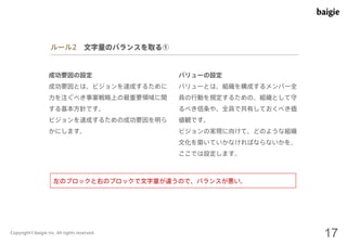 ルール2 文字量のバランスを取る① 
成功要因の設定 
成功要因とは、ビジョンを達成するために 
力を注ぐべき事業戦略上の最重要領域に関 
する基本方針です。 
ビジョンを達成するための成功要因を明ら 
かにします。 
バリューの設定 
バリューとは、組織を構成するメンバー全 
員の行動を規定するための、組織として守 
るべき信条や、全員で共有しておくべき価 
値観です。 
ビジョンの実現に向けて、どのような組織 
文化を築いていかなければならないかを、 
ここでは設定します。 
左のブロックと右のブロックで文字量が違うので、バランスが悪い。 
Copyright©baigie inc. All rights reserved. 17 
 