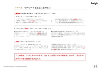 ルール8 キーワードを自然に含める② 
人事戦略の課題を解決する「人事サポートサービス」（h1） 
人事に関する、こんな悩みを解決します（h2） 
• リーダー／マネジャーを組織的に育成する体制を構築したい 
• 人事制度／人材開発といった人事を戦略的に体系化して定着させたい 
• モチベーションや組織力の実態を把握して強化したい 
企業の組織力を強化するための、企業の人事戦略を全面的にサ 
ポート。経営が必要とするリーダーを継続的に育成する仕組みづ 
くりや、個人の能力を引き出す人事制度改革をお手伝いします。 
私たちが企業の人事戦略を変えることができる2つの理由（h2） 
●仕組みの構築から機能化まで、一貫してコンサルできる（h3） 
実績豊富なコンサルタントが、事業戦略と人材・人事戦略に配慮した最 
適・最善のソリューションを、仕組みの設計から現場の運用に至るまで、 
ワンストップでサポートします。 
●膨大な実績と研究成果があり、体系的に管理できる（h3） 
人材アセスメント業界をリードする当社の15年の経験、米国における人材 
のエキスパートである提携会社の経験を組合わせた、実績に基づく体系的 
な管理方法をご提案します。 
人事戦略を変えるために行う3つのこと（h2） 
1. タレントマネジメントを、事業戦略と結びつける（h3） 
事業戦略の実現をゴールとした、タレントマネジメント（採用、評価、選 
抜、キャリア開発、業績管理、育成、リテンション、サクセッションプラ 
ン）の構築と推進をサポートします。 
2. 人事制度や人材開発を体系化し、浸透化させる（h3） 
人事制度の根幹である等級・評価・目標管理・報酬制度、退職金制度など、 
人材開発を推し進めるための階層化・選抜化・グローバル研修などの人事 
体系を戦略的に構築、国内外における運用をサポートをします。 
「人事戦略」というキーワードを、あくまで自然な文脈を最重視しながら、見出しや 
文中に可能な範囲で埋め込んだ。 
Copyright©baigie inc. All rights reserved. 36 
 