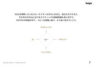 Webを理解しているコピーライターが少ないのなら、自分たちでやろう。 
それぞれがWebにおけるライティングの基礎知識を身に付けて、 
それぞれの役割の中で、コピーを評価し続け、より良く変えていこう。 
プロデューサー 
IA コピー 
デザイナー 
ディレクター 
Copyright©baigie inc. All rights reserved. 7 
 