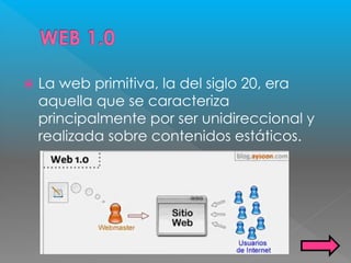  La web primitiva, la del siglo 20, era
aquella que se caracteriza
principalmente por ser unidireccional y
realizada sobre contenidos estáticos.
 