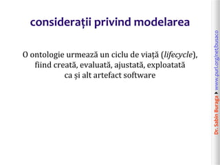 Dr.SabinBuragawww.purl.org/net/busaco
considerații privind modelarea
O ontologie urmează un ciclu de viață (lifecycle),
fiind creată, evaluată, ajustată, exploatată
ca și alt artefact software
 