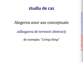 Dr.SabinBuragawww.purl.org/net/busaco
studiu de caz
Alegerea unor axe conceptuale
adăugarea de termeni abstracți
de exemplu: “Living thing”
 