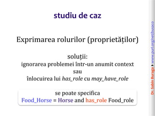 Dr.SabinBuragawww.purl.org/net/busaco
studiu de caz
Exprimarea rolurilor (proprietăților)
soluții:
ignorarea problemei într-un anumit context
sau
înlocuirea lui has_role cu may_have_role
se poate specifica
Food_Horse = Horse and has_role Food_role
 