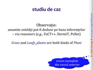 Dr.SabinBuragawww.purl.org/net/busaco
studiu de caz
Observație:
anumite entități pot fi deduse pe baza inferențelor
– via reasoners (e.g., FaCT++, HermiT, Pellet)
Grass and Leafy_plants are both kinds of Plant
revezi exemplele
din cursul anterior
 