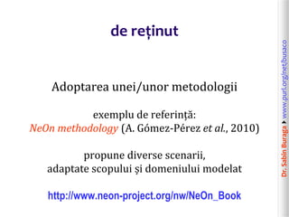 Dr.SabinBuragawww.purl.org/net/busaco
de reținut
Adoptarea unei/unor metodologii
exemplu de referință:
NeOn methodology (A. Gómez-Pérez et al., 2010)
propune diverse scenarii,
adaptate scopului și domeniului modelat
http://www.neon-project.org/nw/NeOn_Book
 