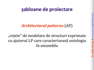 Dr.SabinBuragawww.purl.org/net/busaco
șabloane de proiectare
Architectural patterns (AP)
„rețete” de modelare de structuri exprimate
cu ajutorul LP care caracterizează ontologia
în ansamblu
 