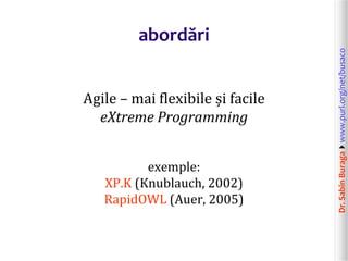 Dr.SabinBuragawww.purl.org/net/busaco
abordări
Agile – mai flexibile și facile
eXtreme Programming
exemple:
XP.K (Knublauch, 2002)
RapidOWL (Auer, 2005)
 