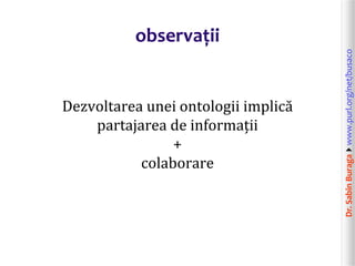 Dr.SabinBuragawww.purl.org/net/busaco
observații
Dezvoltarea unei ontologii implică
partajarea de informații
+
colaborare
 