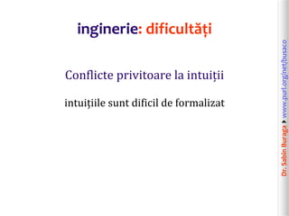Dr.SabinBuragawww.purl.org/net/busaco
inginerie: dificultăți
Conflicte privitoare la intuiții
intuițiile sunt dificil de formalizat
 